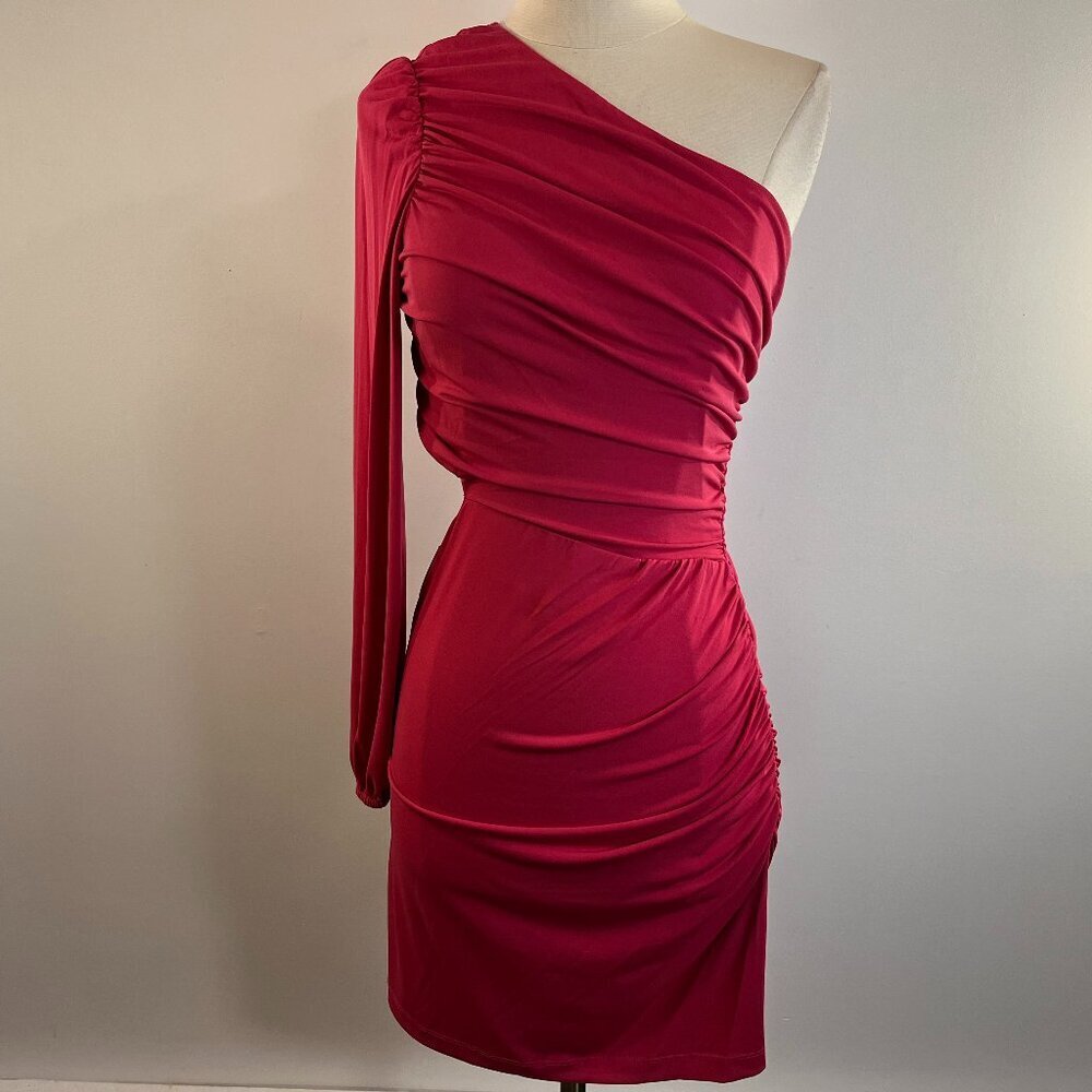 One-Shoulder Ruched Cocktail Dress in Fuchsia